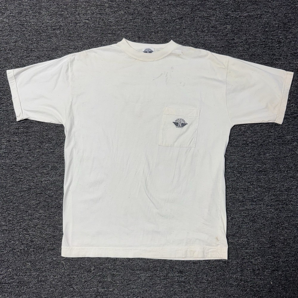 Vintage 90s Dockers By Levi’s White Cotton Casual Pocket T-Shirt Mens Sz M