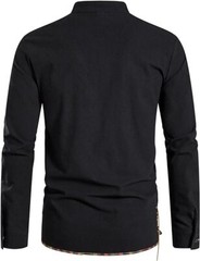 Men’s Casual Long Sleeve Henry Shirt Lace-Up Stand-Up Collar Cotton Linen Blouse