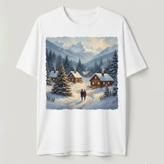 Cozy Winter Village T-Shirt Christmas Log Cabin Snow Scene Mountain Holiday Art