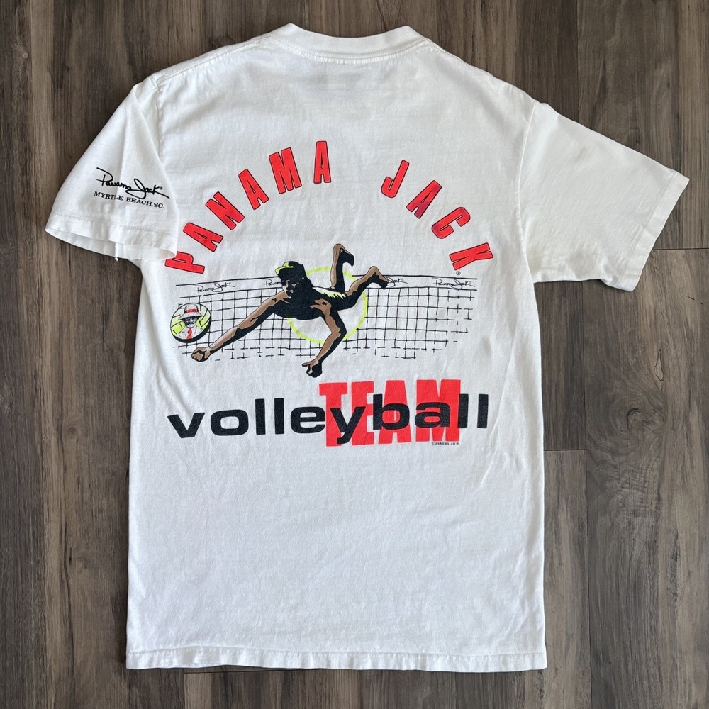 Vintage Panama Jack T-Shirt Volleyball Men’s Size S White Graphic Made USA 1980s