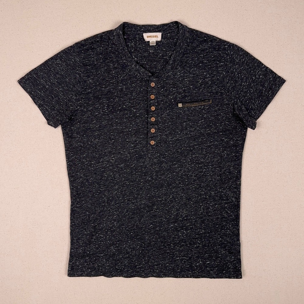 DIESEL Lightweight Stretch Slub Henley T-Shirt Mens M Slim Fit Heather Dark Gray