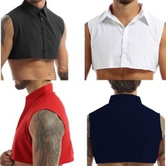 Men Shirt Turn Down Blouse Fake Crop Top Solid Color Collared Necklace Collar