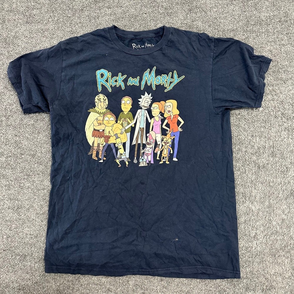 Rick and Morty T-Shirt Mens Size L Navy Cotton Graphic Crew Neck Short Sleeve