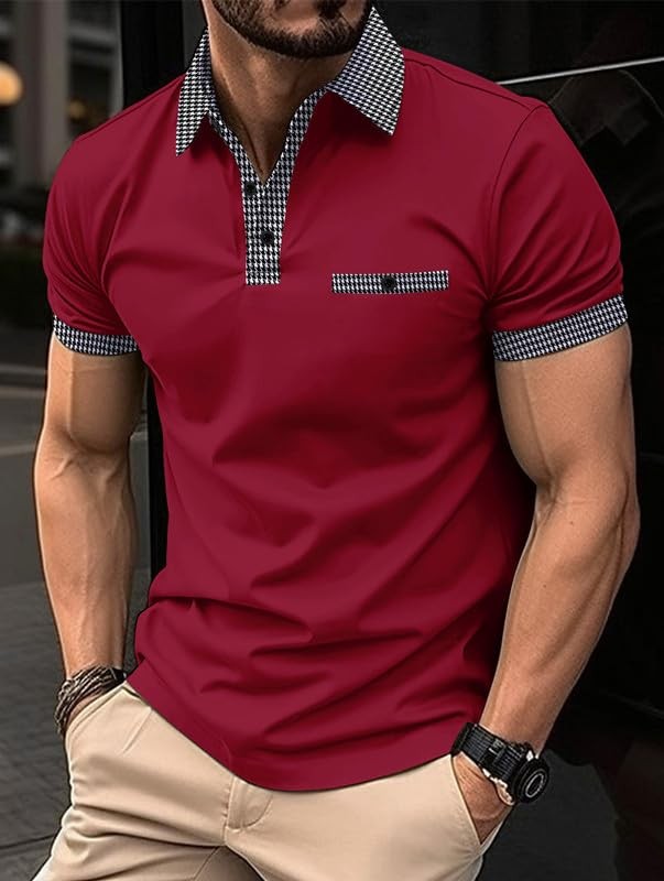 Men’s Contrast Trim Polo Shirt, Short Sleeve Button Henley Tee with Houndstooth