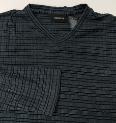 Vintage Y2K Ribbed V-Neck Shirt Men Medium Stretchy Black Gray Striped Claiborne