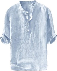 Men’s Casual Linen Cotton 3/4 Sleeve Henley T-Shirt – Lightweight Summer Top