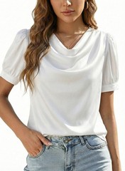 Womens Blouses Dressy Casual Clothing 2026 Summer Cowl Neck Short Sleeve Sati…