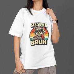 SIX SEVEN BRUH Funny Raccoon Rainbow Graphic 100% Cotton T-Shirt Humor Tee
