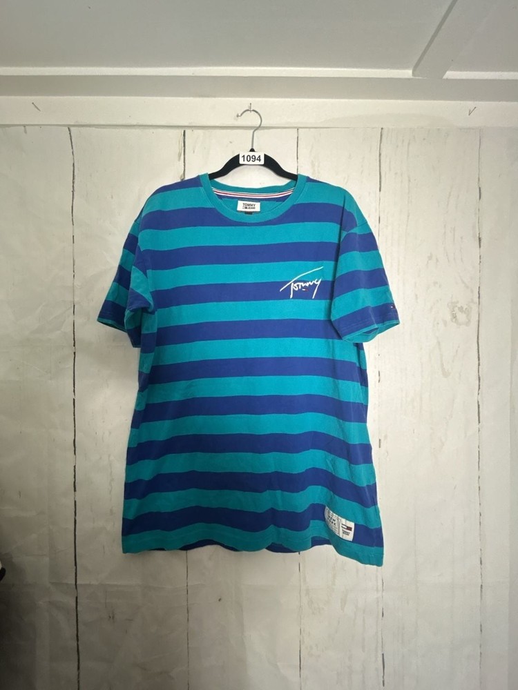 Tommy Jeans Signature Script Striped T-Shirt Blue Teal