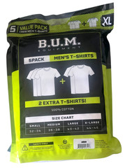 BUM 5x Value Pack Men’s T-shirts, Cotton, White, Size XL