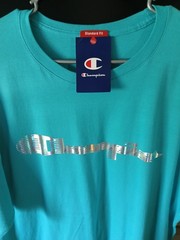 Brand New with Tags (NWT), Champion script tee, holographic, metallic, turquoise
