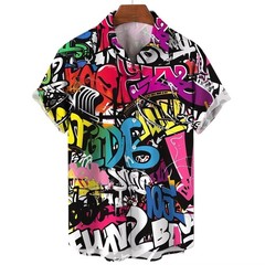 Mens Button Down Shirts Graffiti Printed Hawaiian Colour Top Summer Gift Shirt