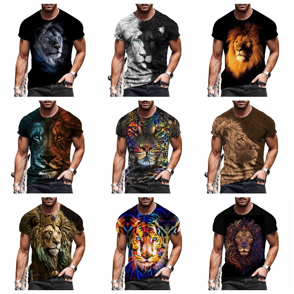 T-Shirt Men’s Lion Tiger Fashion Graphic Print Short Sleeve Silky Casual T Shirt