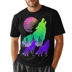 Wolves Howling Moon Forest Silhouette Neon Synthwave Retro Graphic Tee