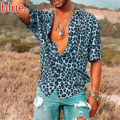 Men’s Leopard Print Shirt Casual Slim Shirts Short Sleeve Button Down Top Blouse