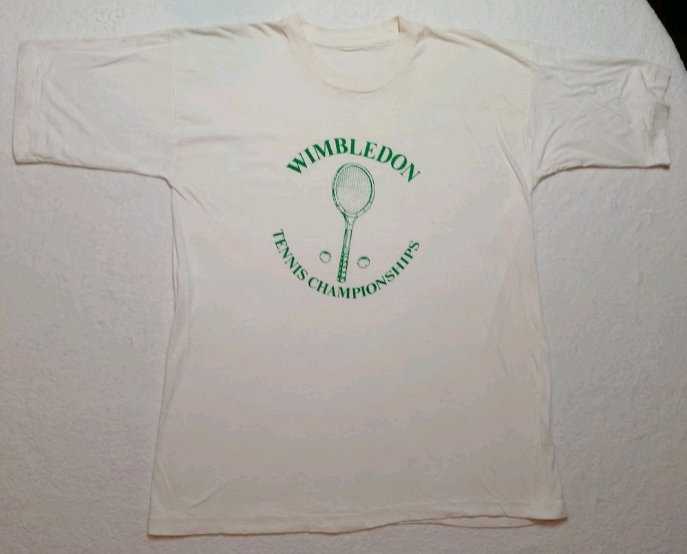 Vtg Wimbledon Tennis Championships T Shirt White Green Racket Large 21.5×28.5
