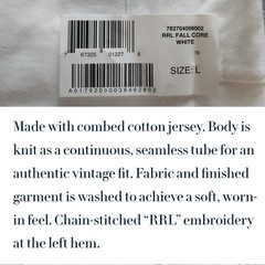 Ralph Lauren Double RRL White Jersey Knit T-shirt Mens Large Left Chest Pocket
