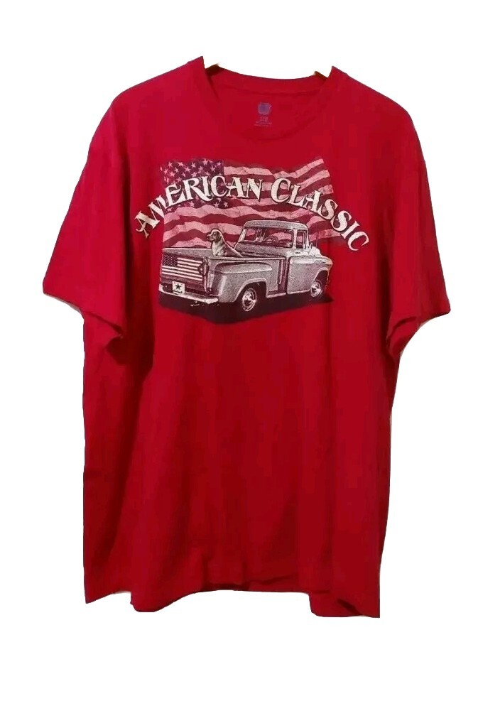 American Summer Graphic Tee Mens XL Red Short Sleeve Cotton Flag Truck Dog