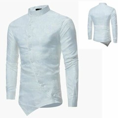 Men Printed Shirt Vintage Long Sleeve Grandad Collar Top Asymmetric Hem Slim YM0