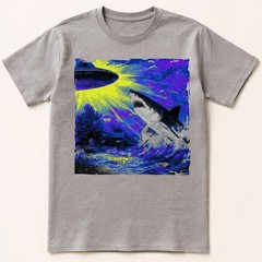 Retro UFO Shark Attack T-Shirt Vintage Sci-Fi Alien Abduction Space Graphic Tee