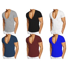 Men’s Deep V-Neck Short Sleeves Low Cut T-Shirt Cotton Workout Top Muscle Shirts