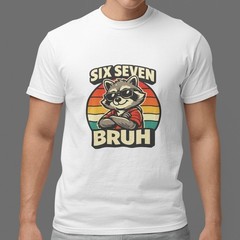 SIX SEVEN BRUH Funny Raccoon Rainbow Graphic 100% Cotton T-Shirt Humor Tee