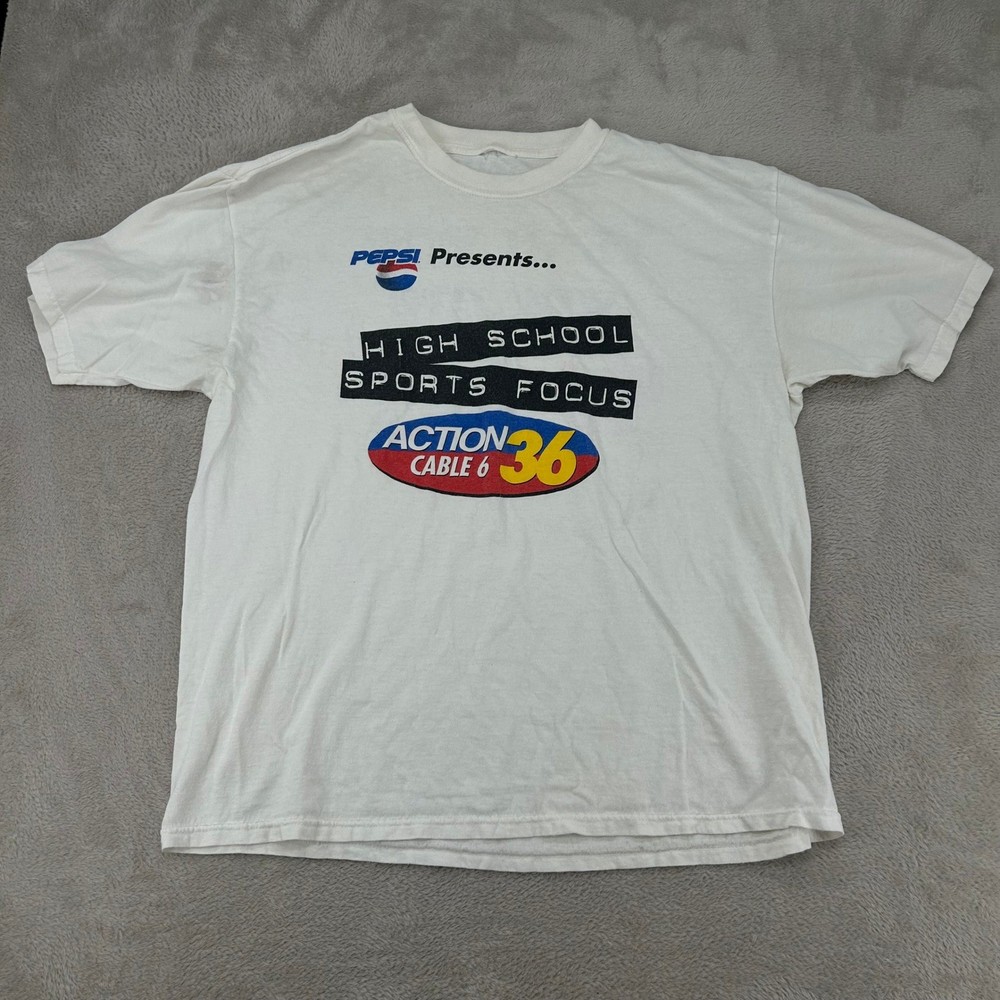 VTG 90s Pepsi High School Sports Focus Action Cable 6 Shirt Mens Large White