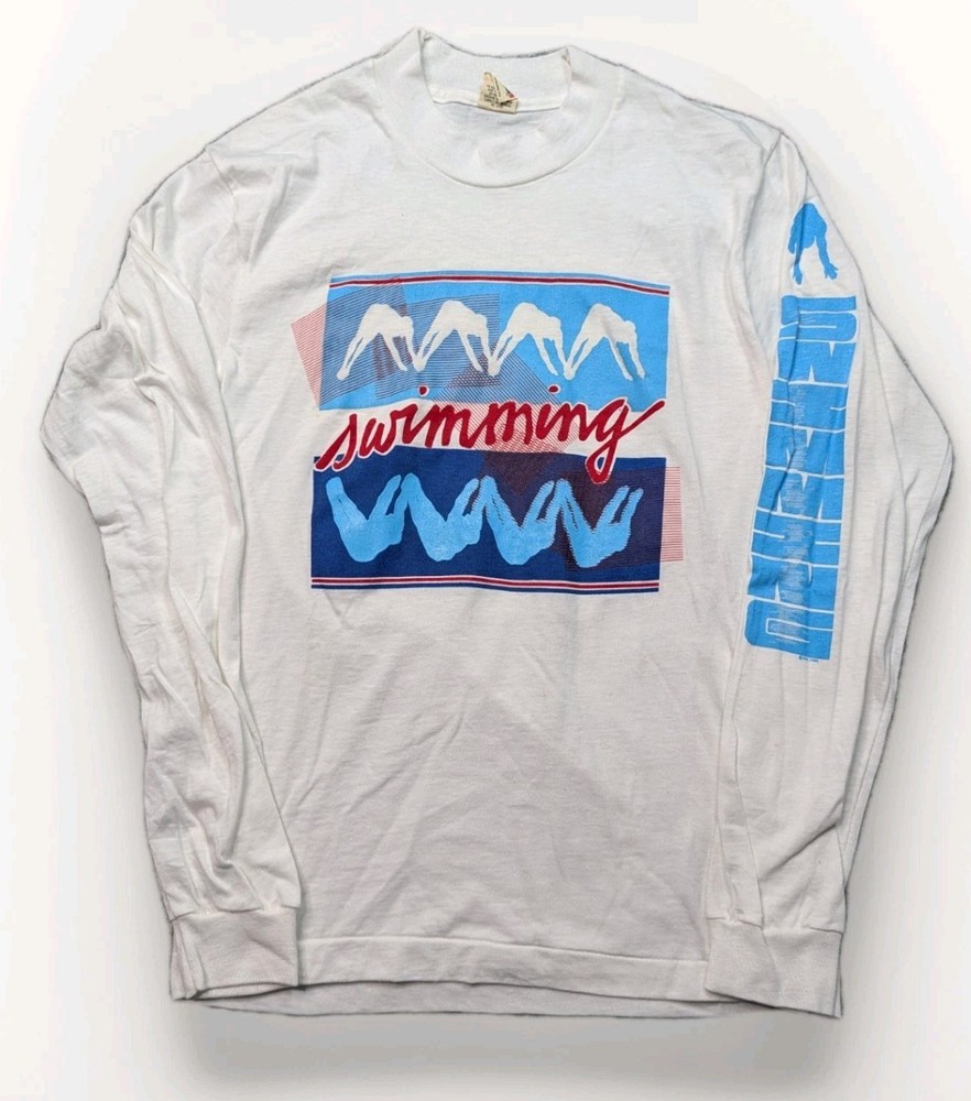 Vintage Screen Stars 1984 Swimming Graphic White Long Sleeve Shirt Size Small