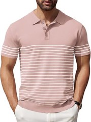 Men’s Striped Knit Polo Shirt Lightweight Short Sleeve Casual Collared Golf Tee