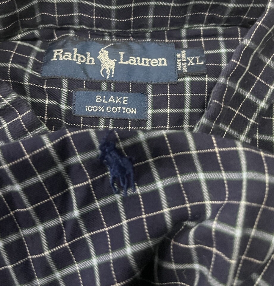 Ralph Lauren Men’s Button Down Navy Blue Plaid Shirt XL Blake 100% Cotton