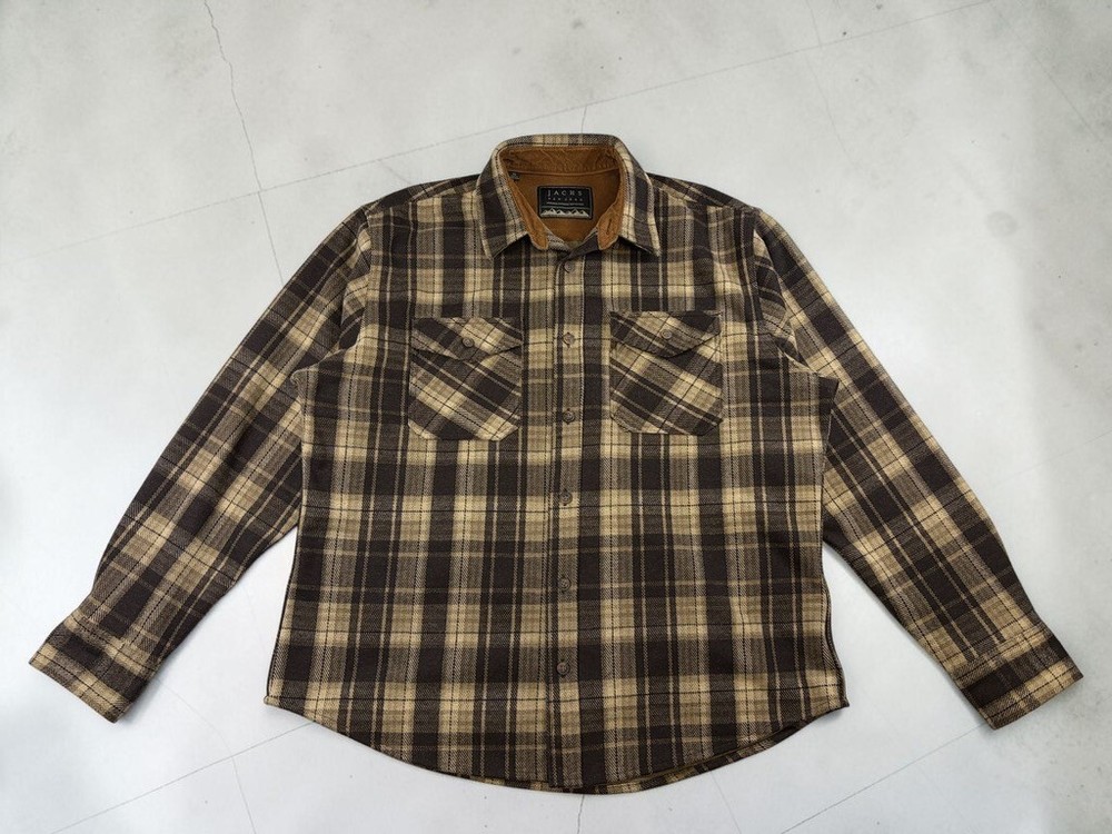 Jachs New York Flannel Shirt Brown Tan Plaid Men’s XL Thick Fleece