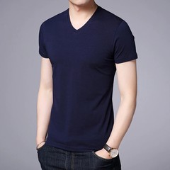 2025 Summer Brand Tops 95% Cotton 5% Spandex t Shirt For Men v Neck Plain Solid