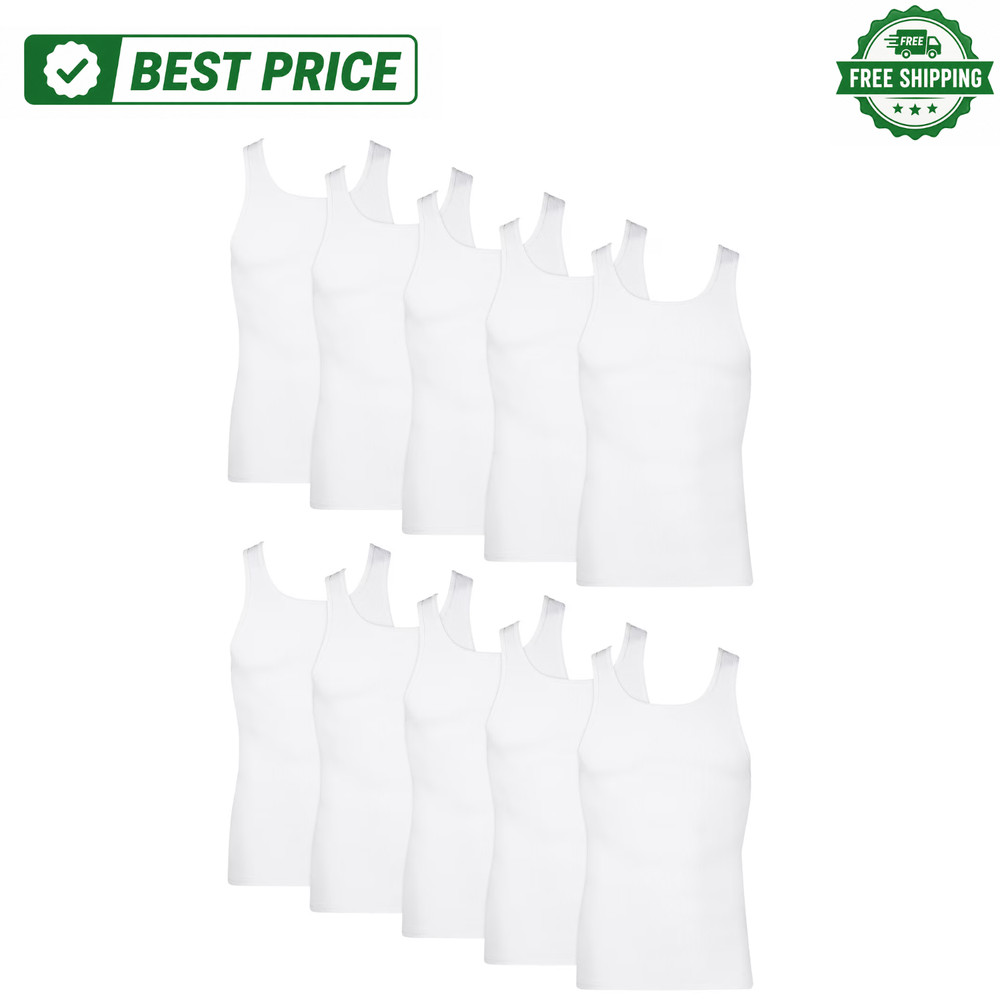 Hanes Men’s Cotton Ribbed Tank Tops Moisture Wicking Undershirts, White – 10Pack