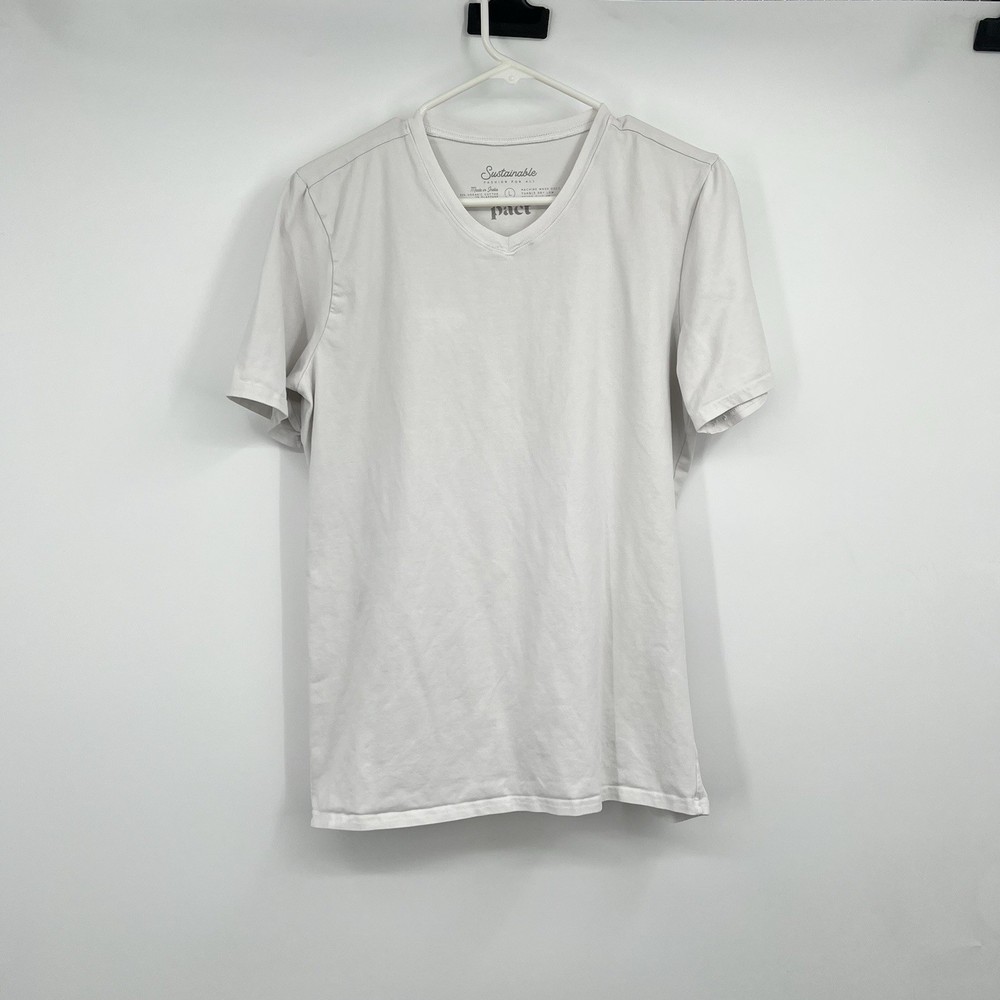 PACT Organic Cotton White V-Neck T-Shirt Large SS Sustainable Comfort Basic
