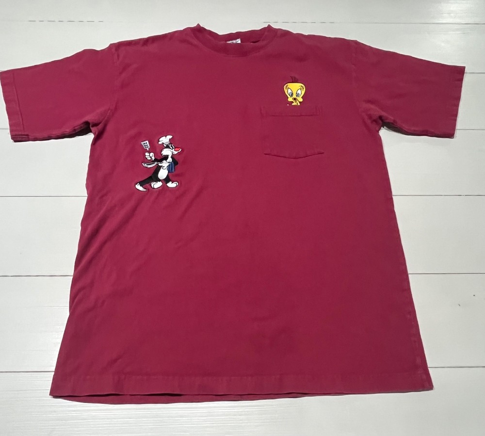 VINTAGE ACME LOONEY TUNES BURGANDY GRAPHIC POCKET T-SHIRT TWEETY BIRD SIZE L