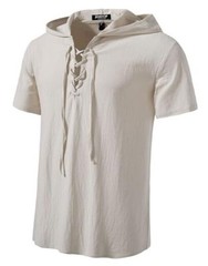 Men’s Cotton Vintage Hooded Design Short Sleeve Lace up Shirts X-Large Beige