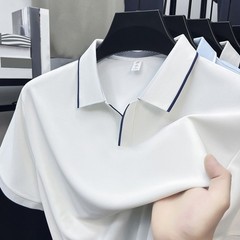 Men Contrast Trim Short Sleeve Lapel V Neck T Shirt for Business Casual Use