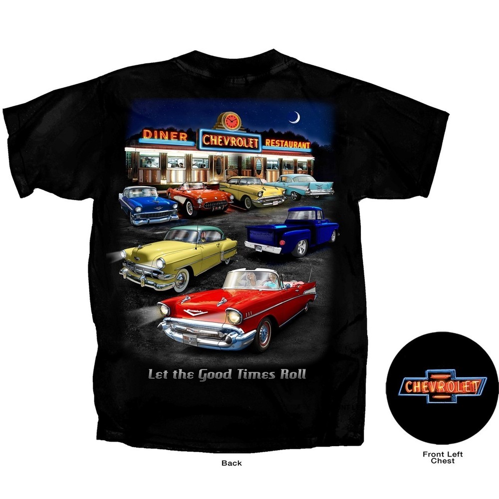 Joe Blow T’s Chevy Diner Good Times Roll Men’s Black T-Shirt Tri-Five Corvette