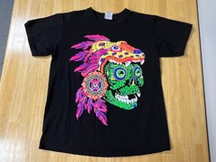 AZTEC SKULL T SHIRT ART TEE Front Back Hits Unique LARGE Neon Black Vision See