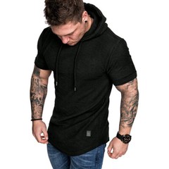 Men’s Hooded Short Sleeve Sporty T-Shirt Slim Gym Muscle Tee Hoodie Tops Blouses