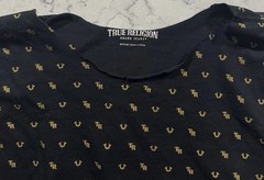 True Religion T-Shirt Mens Medium Black Gold All Over Monogram Signature Logo