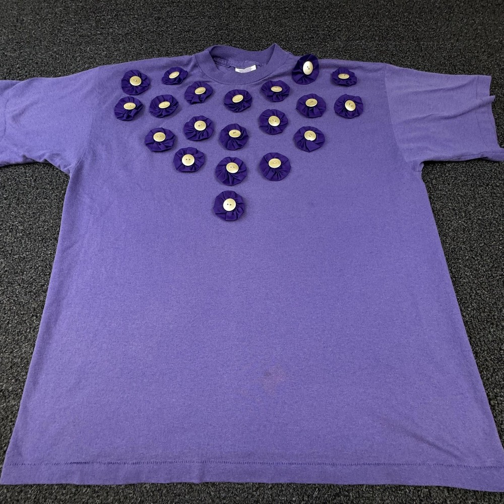 Vintage Fashion Gear Shirt Mens XL Purple Button Flower Applique Made USA 80s