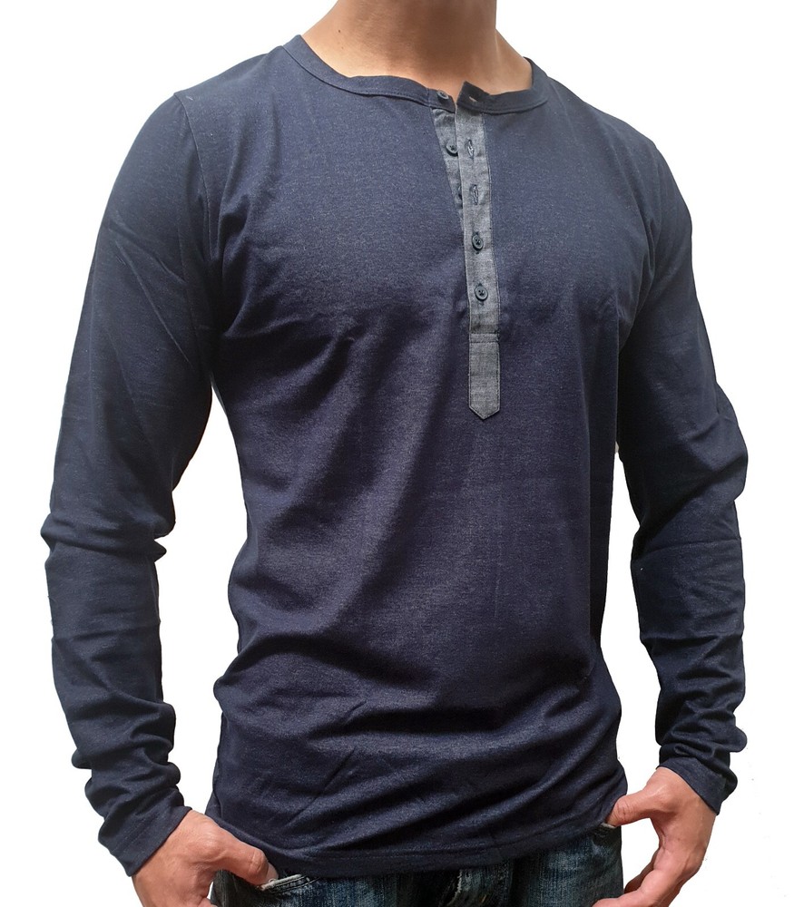 MENS LONG SLEEVE HENLEY T SHIRT SLIM GRANDPA SIZE S M L XL XXL CASUAL