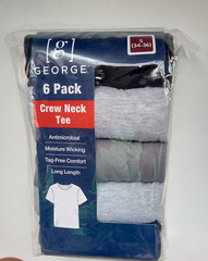George Mens Crew Neck T-Shirts 6 Pack, Tag Free Sz Small BLACK GREY Long Length