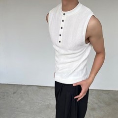 Men’s Ribbed Vest Sleeveless For Henry Collar Slim Fit Streetwear Sports Top