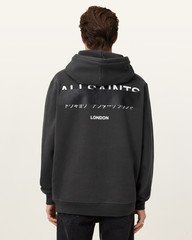All Saints Mens Redact Washed Black Hoodie Relaxed Fit Embroidered Sweatshirt