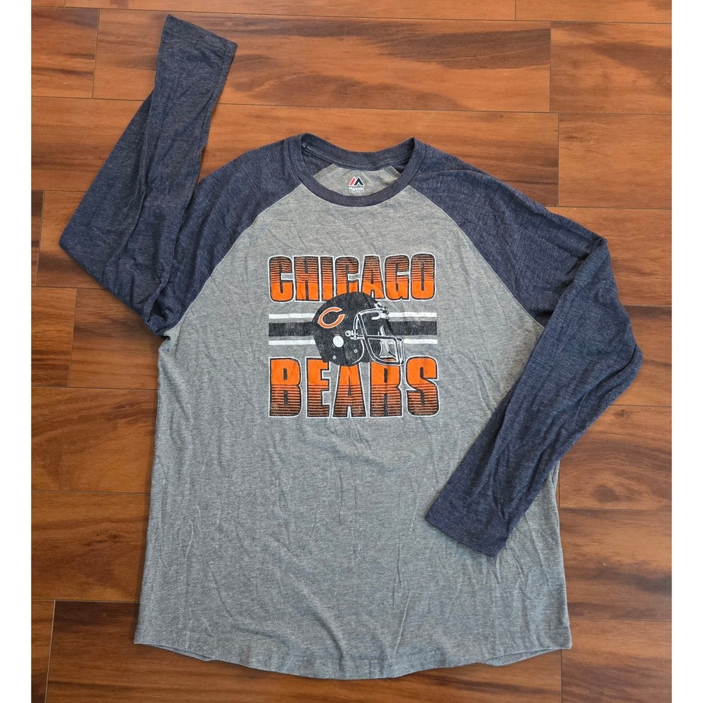 Majestic Mens Chicago Bears Raglan Long Sleeve T Shirt XL Gray Navy NFL Football