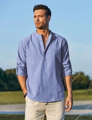 Men’s Cotton Hemp Long Sleeve Casual Beach Henley Shirt (Blue Stripe Large)