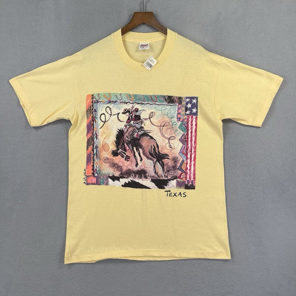 Vintage Texas Rodeo Shirt Men Medium Anvil Yellow Short Sleeve Single Stitch USA