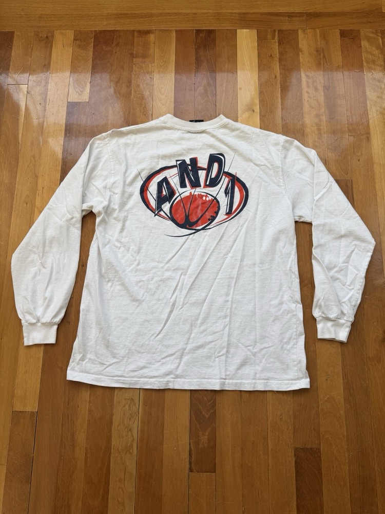 Men’s AND1 White Long Sleeve Graphic Tshirt Size XL HAS FLAWS
